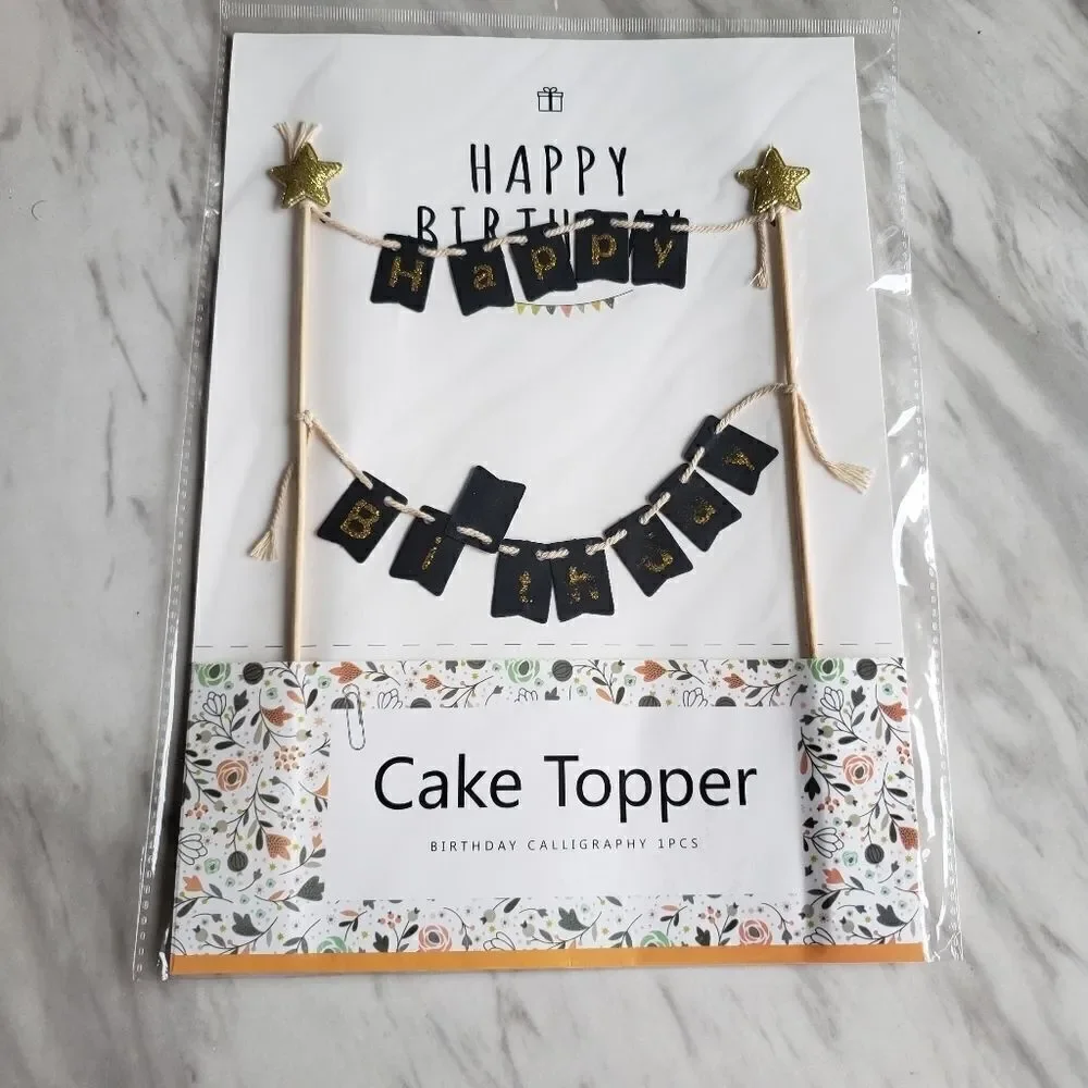 Happy Birthday Black Gold Large Cake Topper Banner NWT